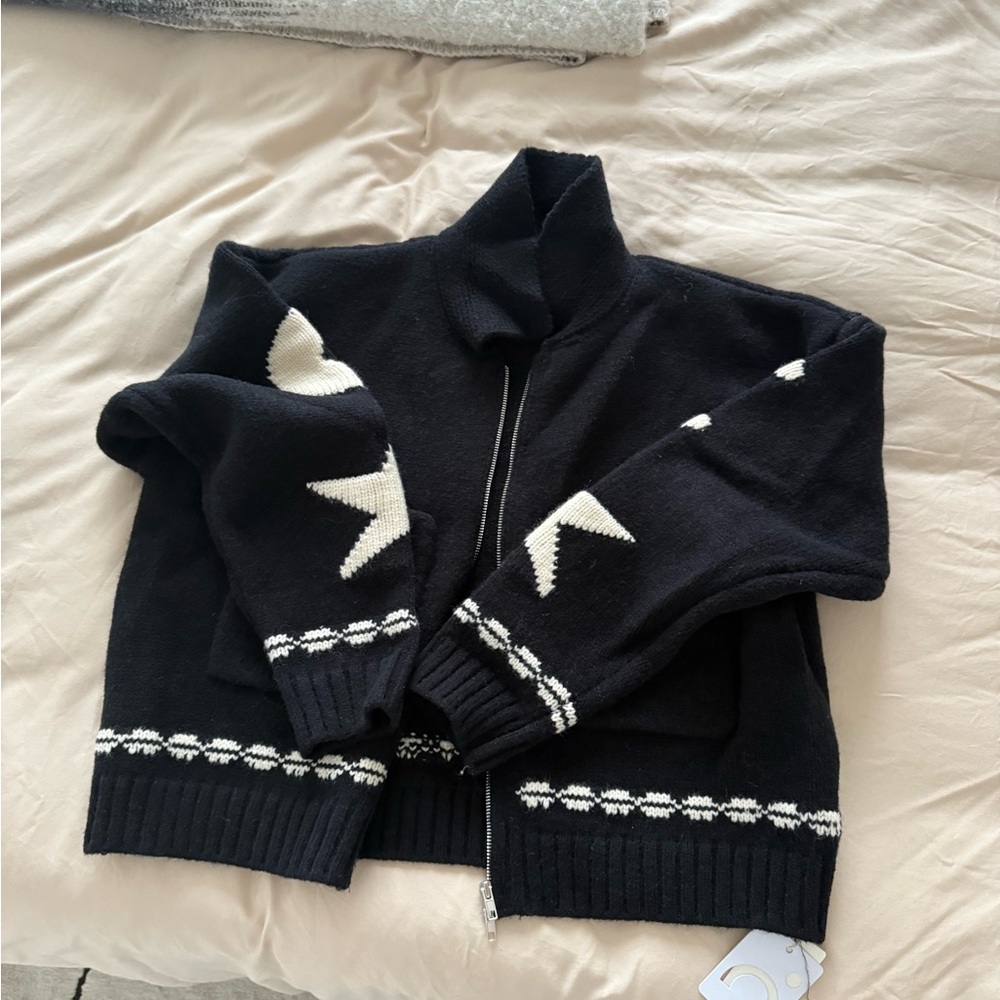 Commense Black and White Cowl Neck Sweater with Geometric Pattern